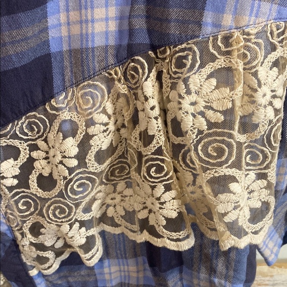 LOGO by Lori Goldstein Blue Plaid Button Down Shirt with Cream Lace - Picture 3 of 8